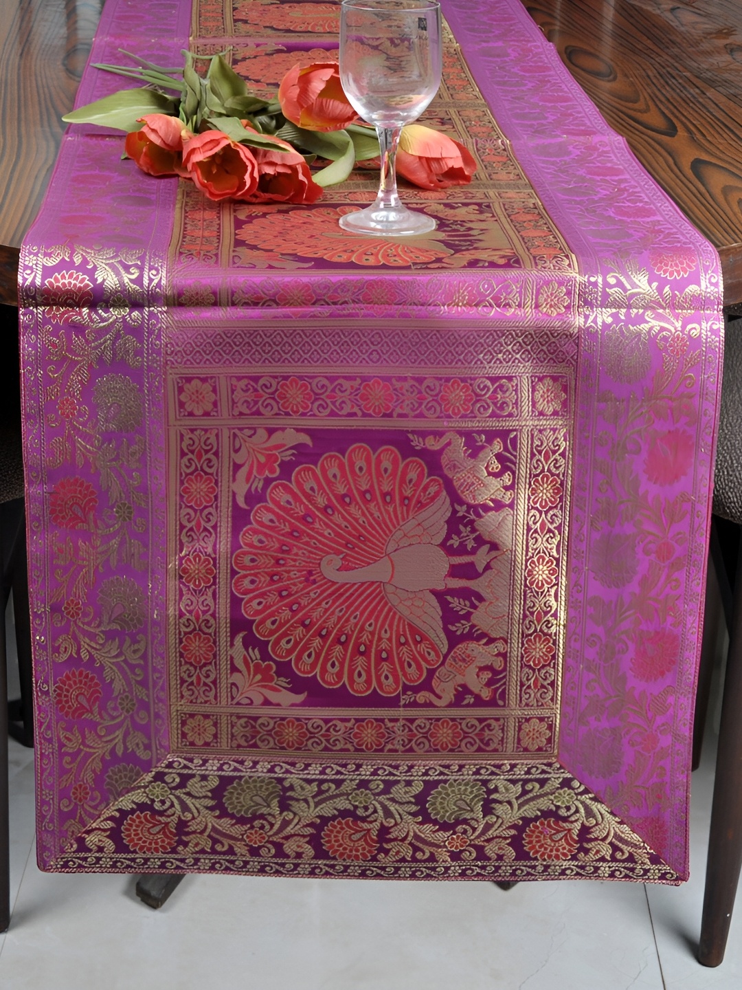 

Lal Haveli Pink & Red Peacock Design Rectangular Table Runner