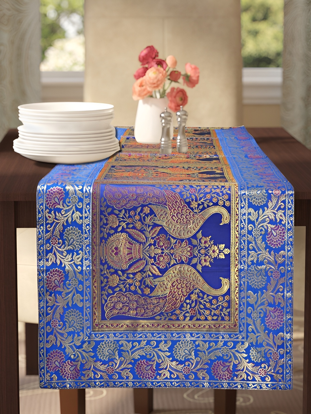 

Lal Haveli Blue & Red Peacock Design Rectangular Table Runner