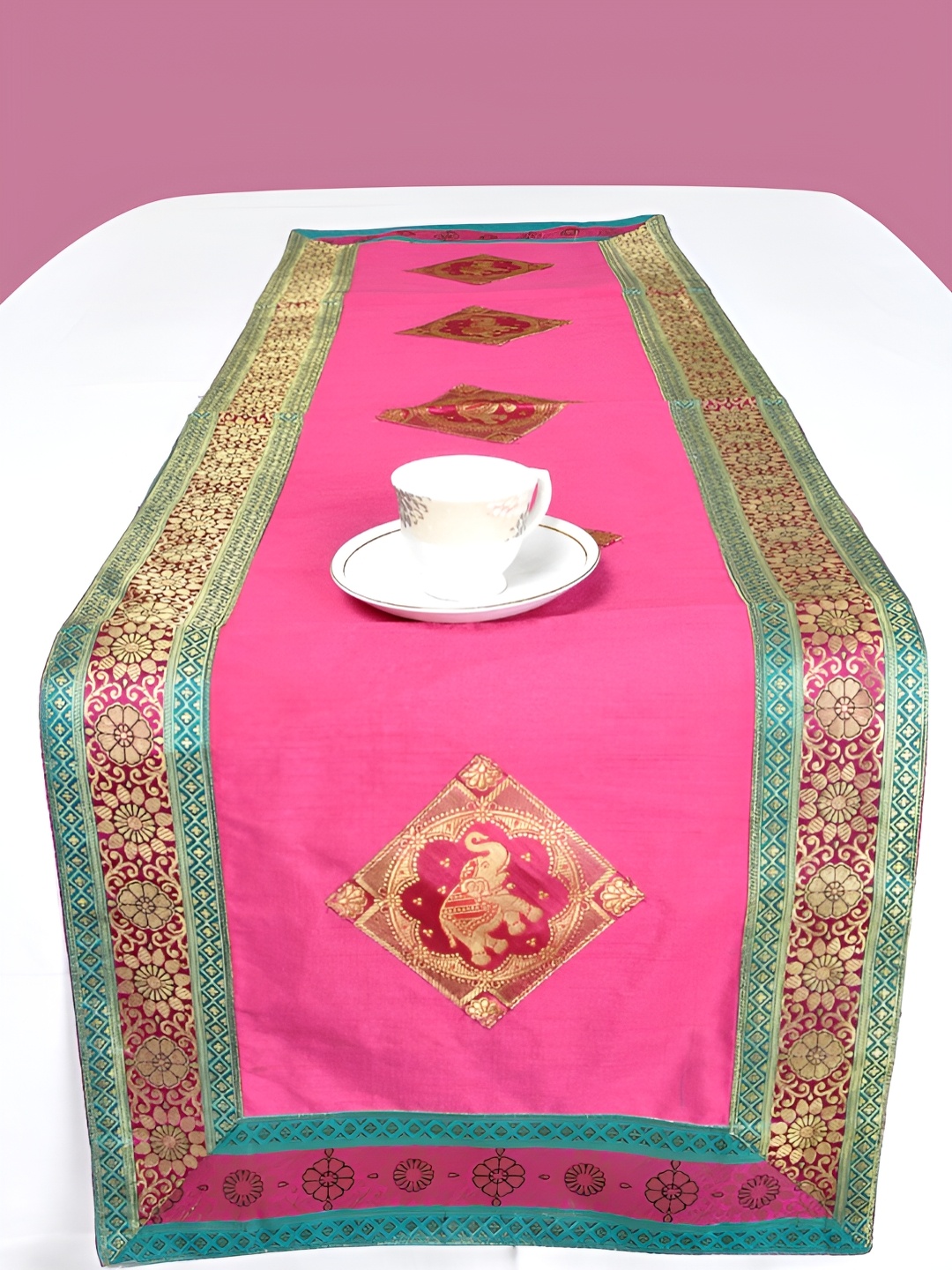 

Lal Haveli Pink & Green Elephant Design Rectangular Table Runner