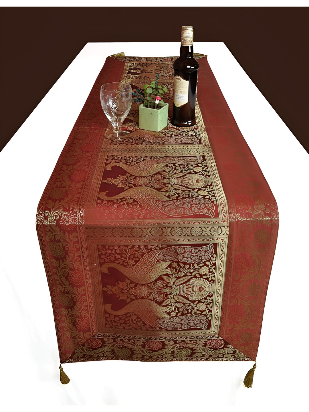 

Lal Haveli Maroon & Gold Toned Peacock Designed Rectangular Table Runner