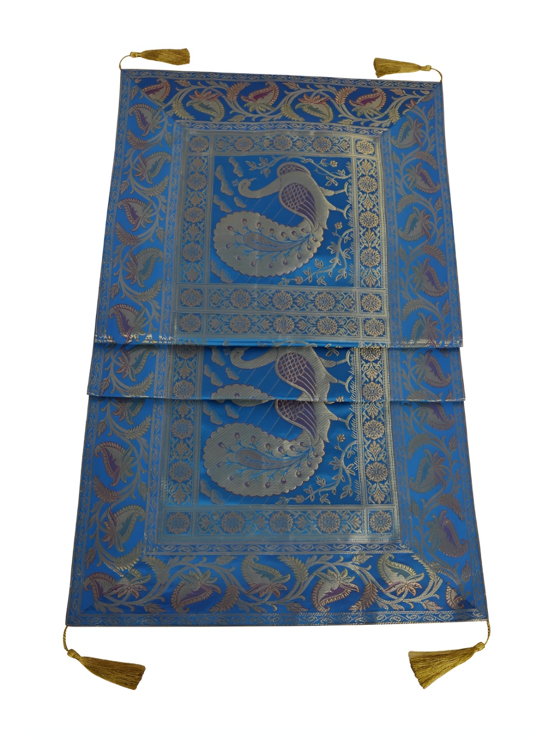 

Lal Haveli Turquoise Blue & Gold Toned Peacock Designed Rectangular Table Runner