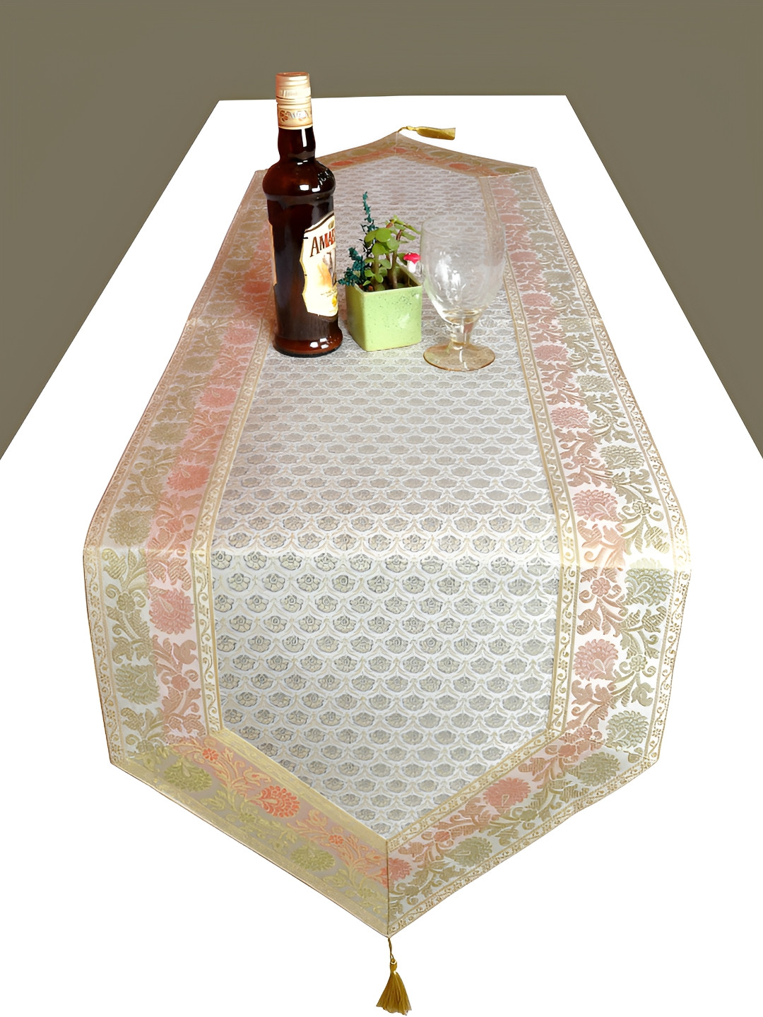 

Lal Haveli Gold Toned & White Floral Printed Table Runner