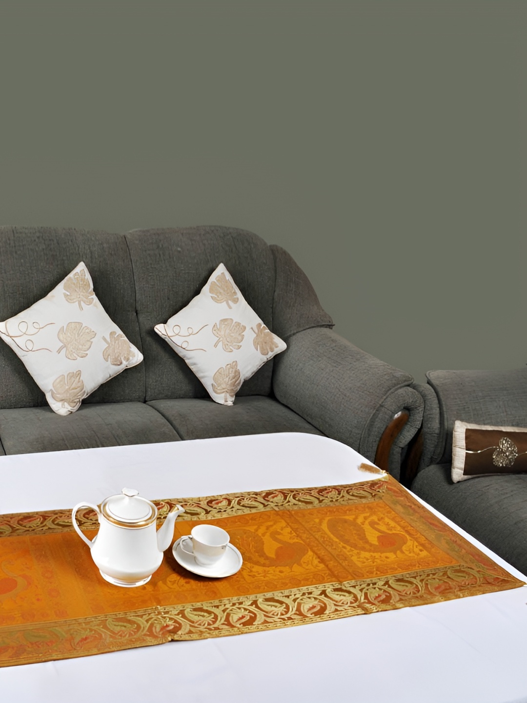 

Lal Haveli Gold Toned & Mustard Peacock Designed Rectangular Table Runner