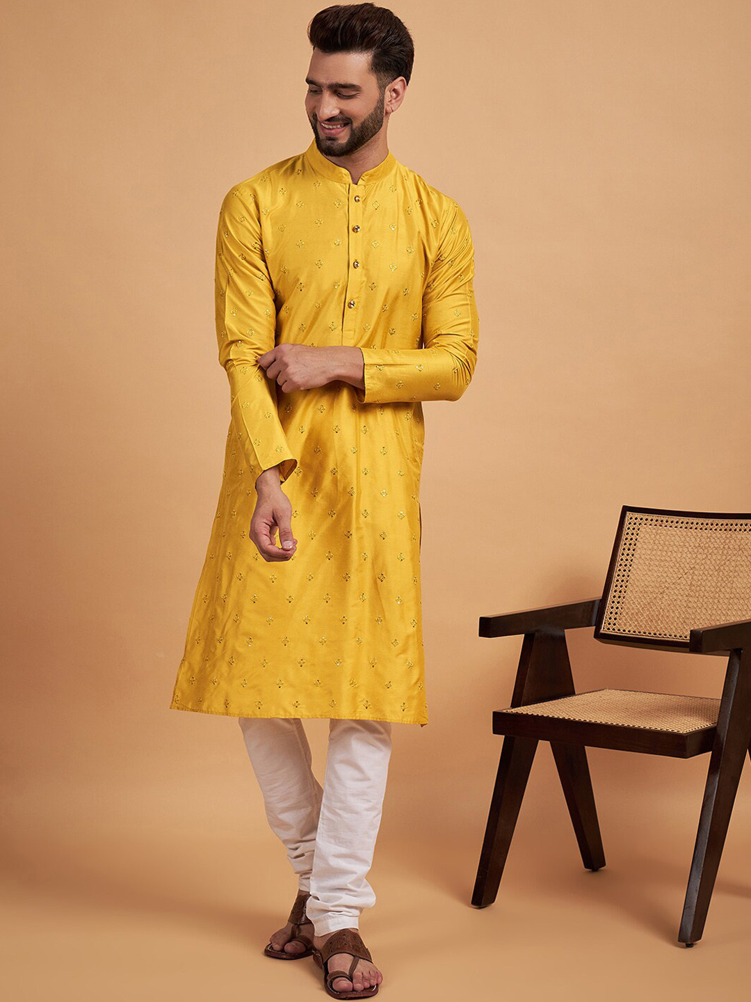 

Inddus Ethnic Motifs Embroidered Cotton Straight Kurta, Mustard