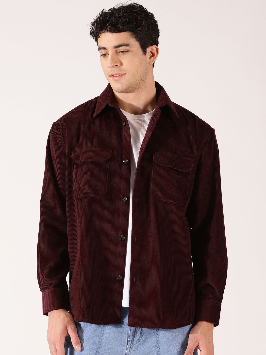 

Mast & Harbour Premium Striped Cotton Spread Collar Corduroy Opaque Casual Shirt, Maroon