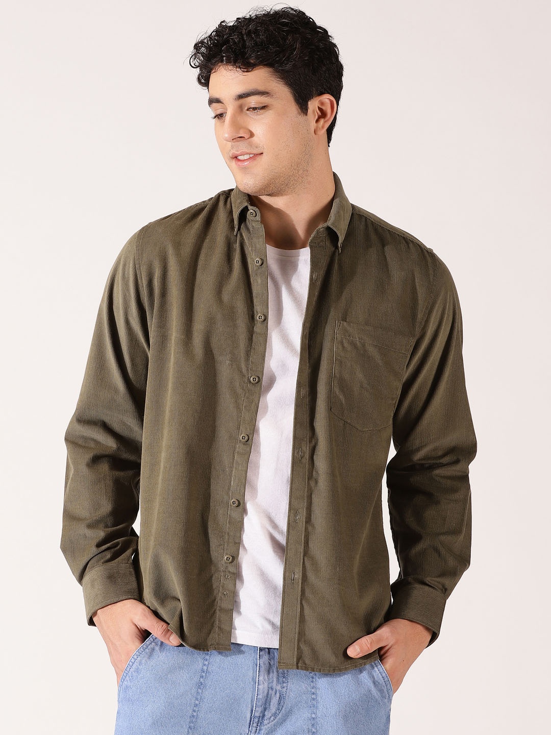 

Mast & Harbour Premium Cotton Button-Down Collar Corduroy Opaque Casual Shirt, Olive