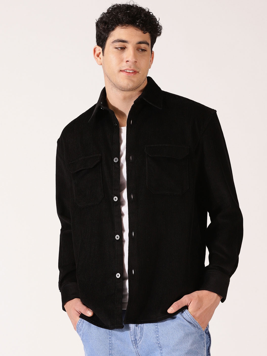 

Mast & Harbour Premium Shackets Cotton Spread Collar Corduroy Opaque Casual Shirt, Black