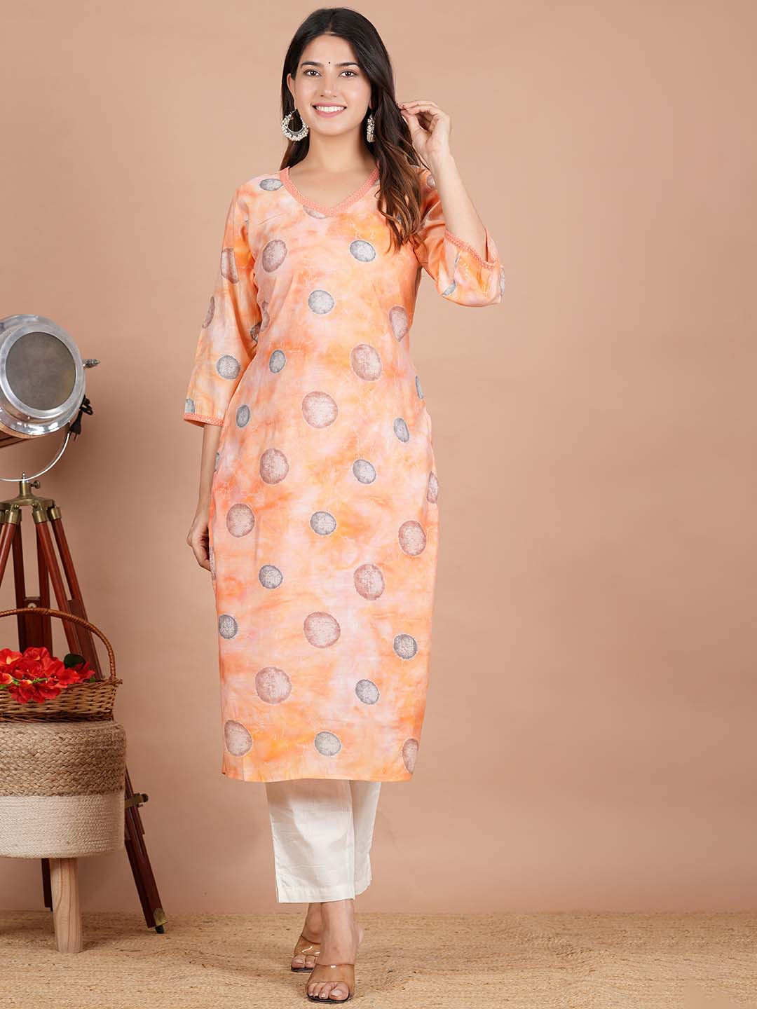 

ZOYOTO Geometric Printed Kurta, Orange