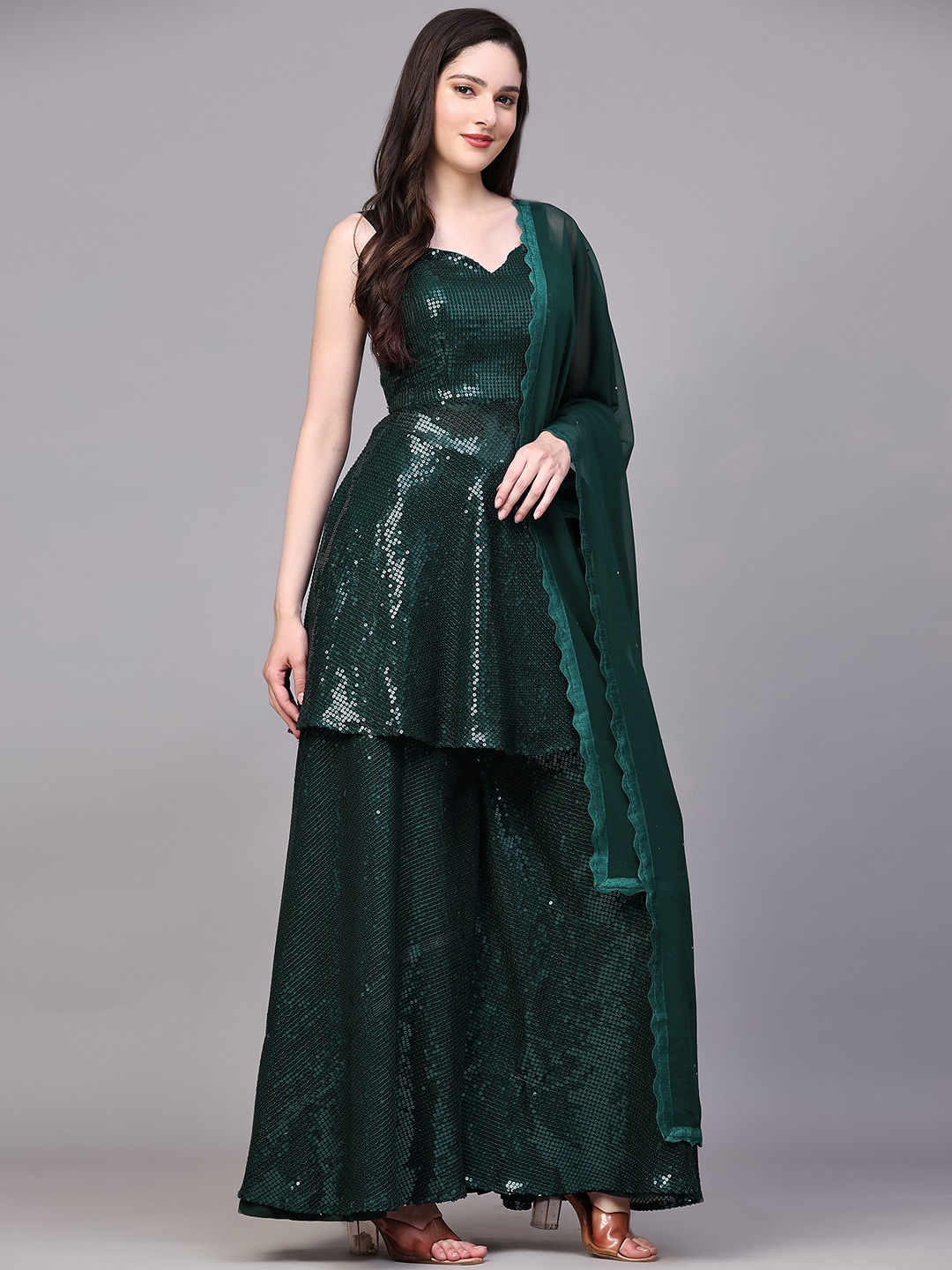 

BLACK SCISSOR Sequinned Sleeveless Sweetheart Neck Georgette Kurta with Palazzos & Dupatta, Teal