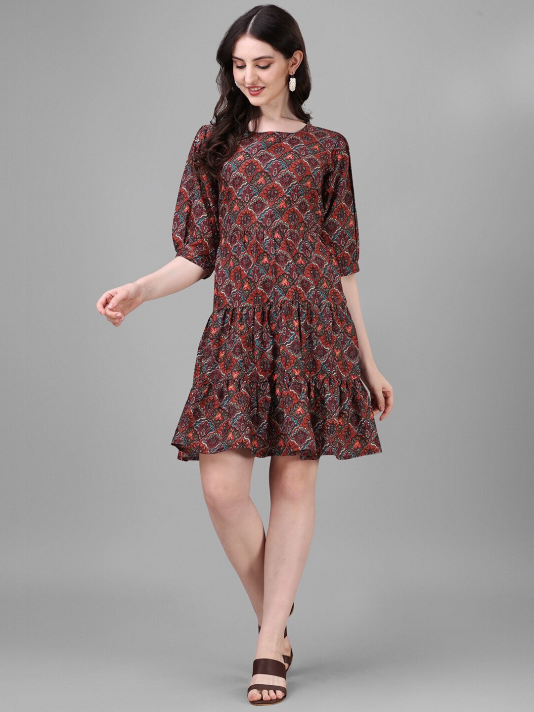 

Kinjo Ethnic Motifs Printed A-Line Dress, Maroon