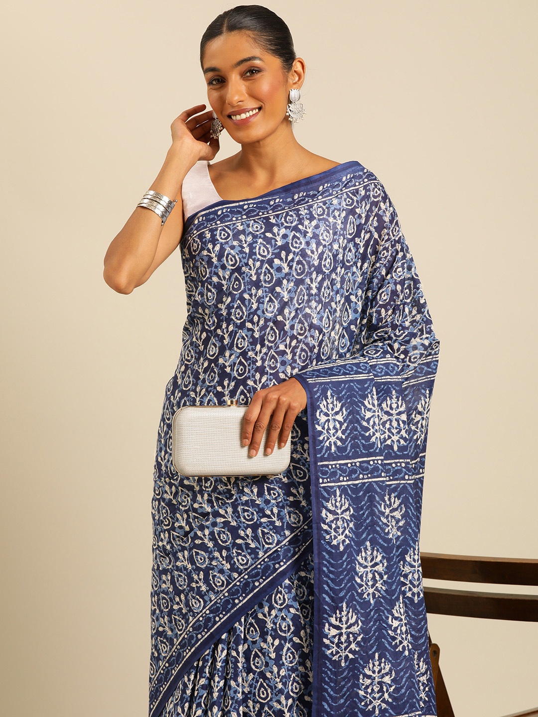 

RATAN Ethnic Motifs Pure Cotton Saree, Navy blue