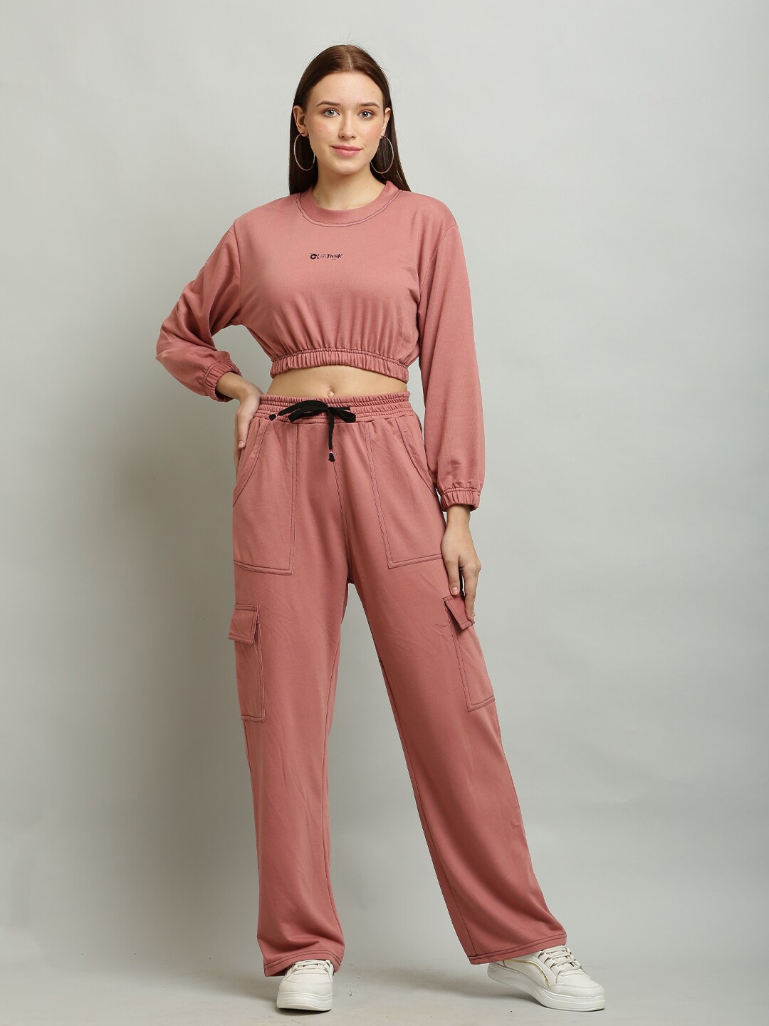 

BAESD Round Neck Long Sleeves Crop T-shirt With Cargo Trouser, Pink