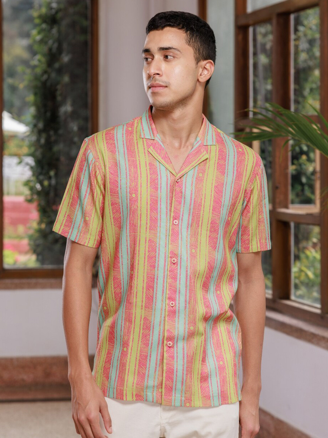 

Wellbi Comfort Vertical Striped Cuban Collar Pure Cotton Casual Shirt, Pink