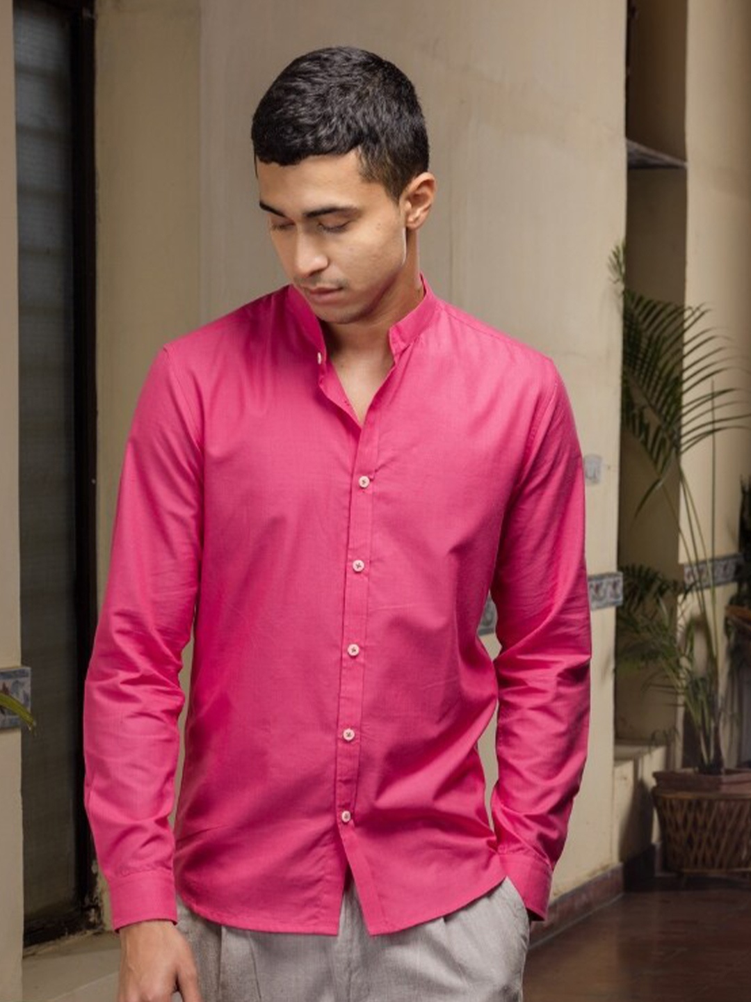 

Wellbi Comfort Mandarin Collar Pure Cotton Casual Shirt, Pink