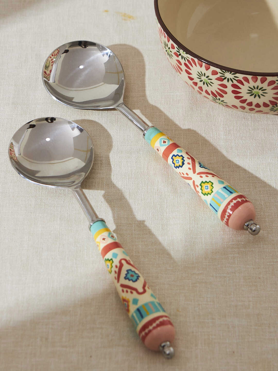

Chumbak Farmhouse Blue & Red 2 Pieces Stainless Steel Serving Spoons, Silver