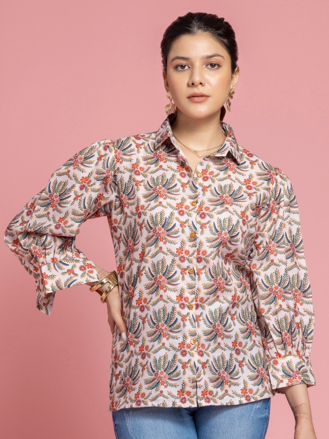 

OCTICS Floral Print Shirt Collar Cuffed Sleeve Cotton Shirt Style Top, White
