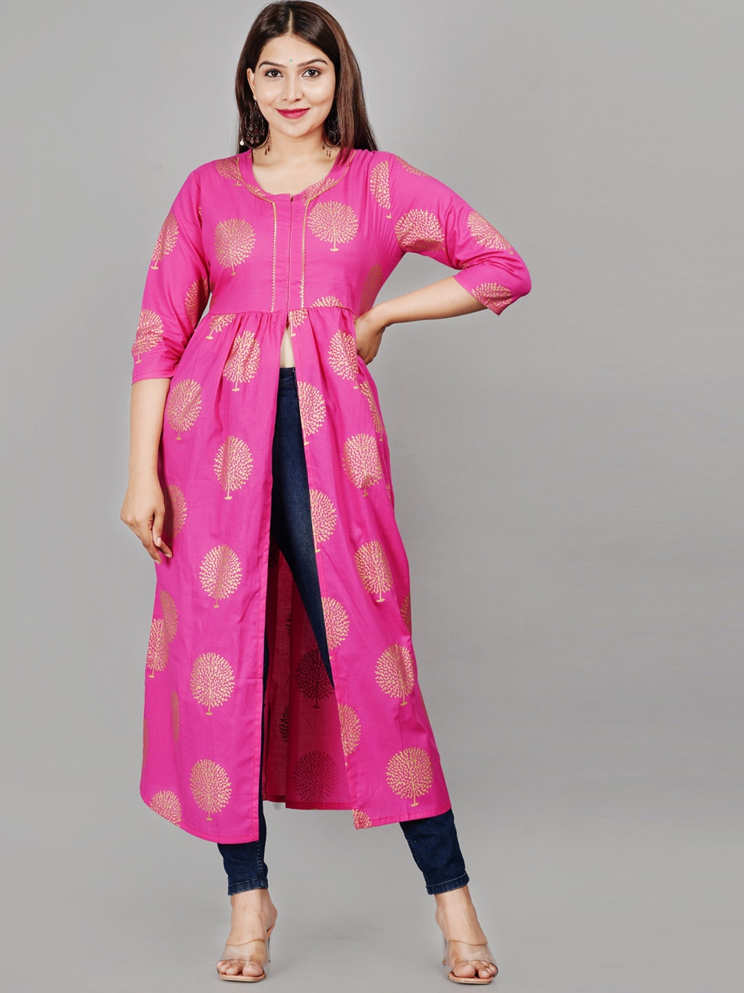 

KALINI Ethnic Motifs Printed Round Neck Gotta Patti High Slit Kurta, Pink