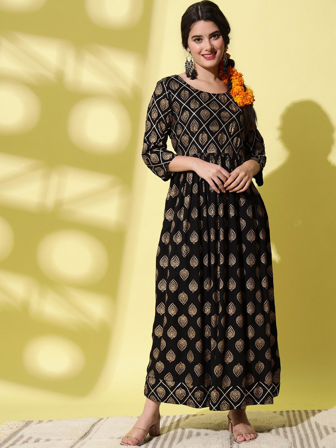 

KALINI Ethnic Motifs Printed Round Neck Gathered Fit & Flare Maxi Ethnic Dress, Black