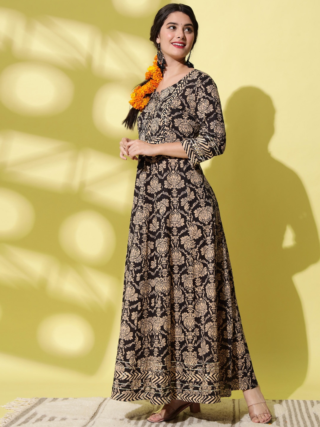 

KALINI Ethnic Motifs Printed Round Neck Gathered Fit & Flare Ethnic Dress, Black