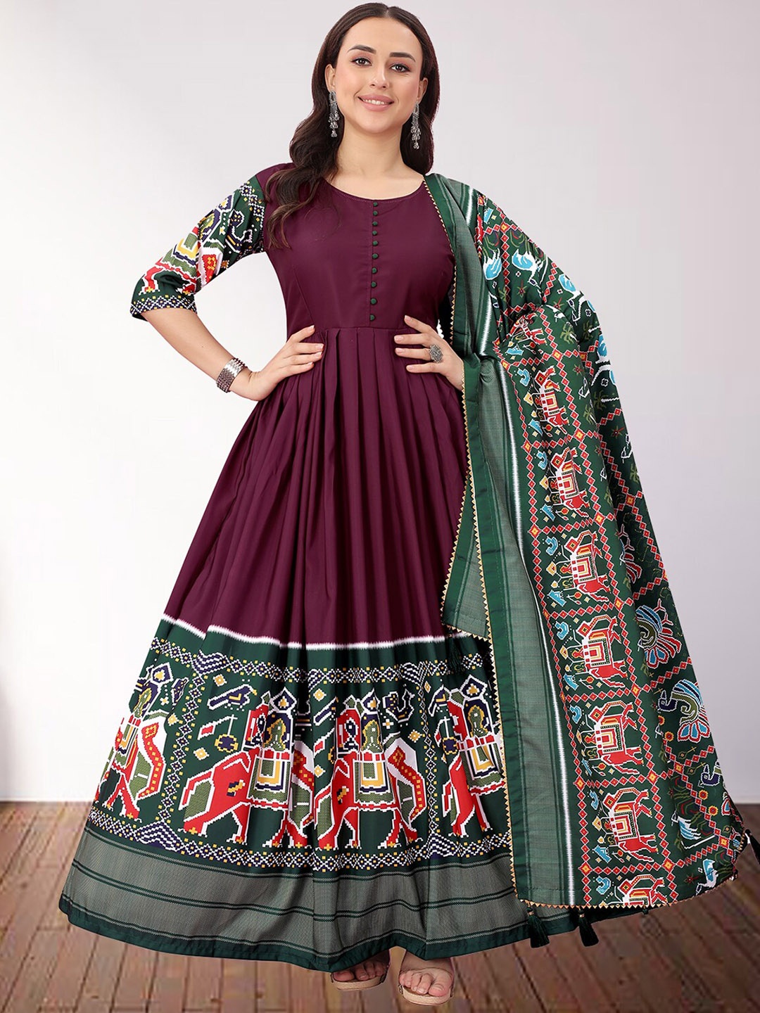 

N N ENTERPRISE Ethnic Motifs Printed A Line Ethnic Dress With Dupatta, Purple