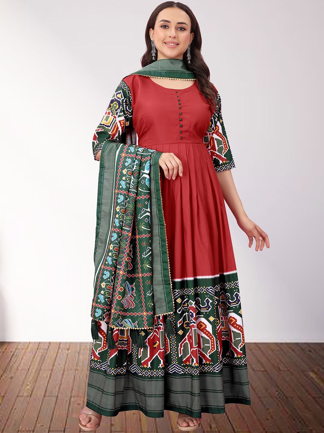 

N N ENTERPRISE Ethnic Motifs Printed A Line Ethnic Dress With Dupatta, Red