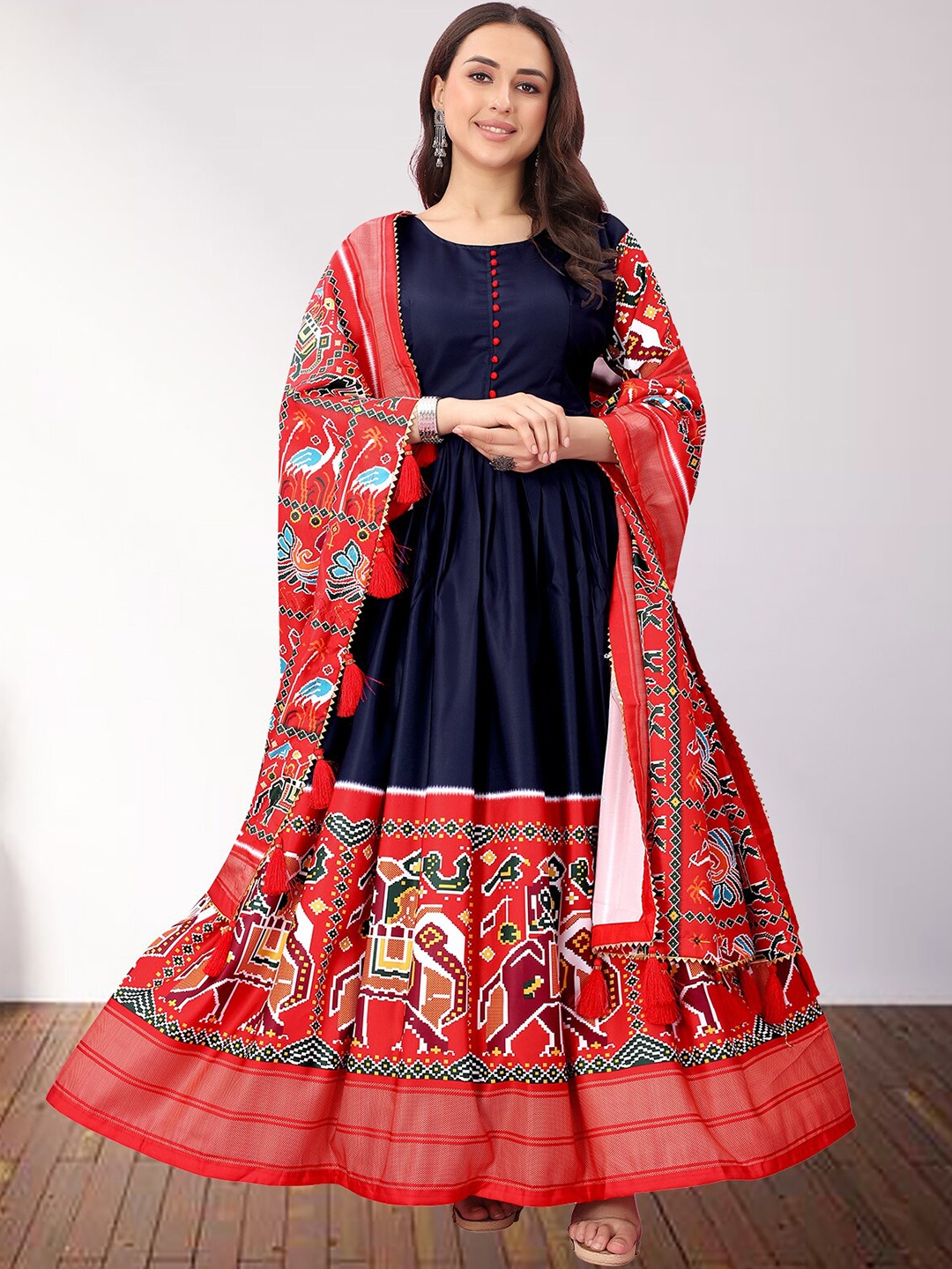 

N N ENTERPRISE Ethnic Motifs Printed A Line Ethnic Dress With Dupatta, Navy blue