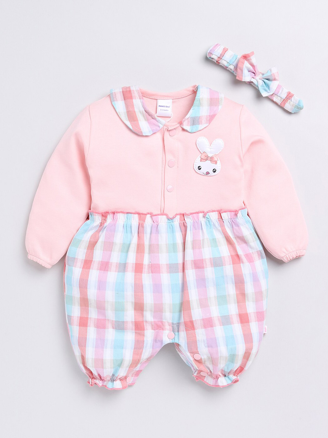 

Moms Love Infant Girls Checked Pure Cotton Romper With Headband, Pink