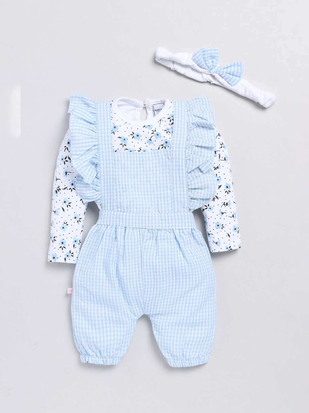 

Moms Love Girls Printed Cotton Dungaree With T-Shirt With Hairband, Blue