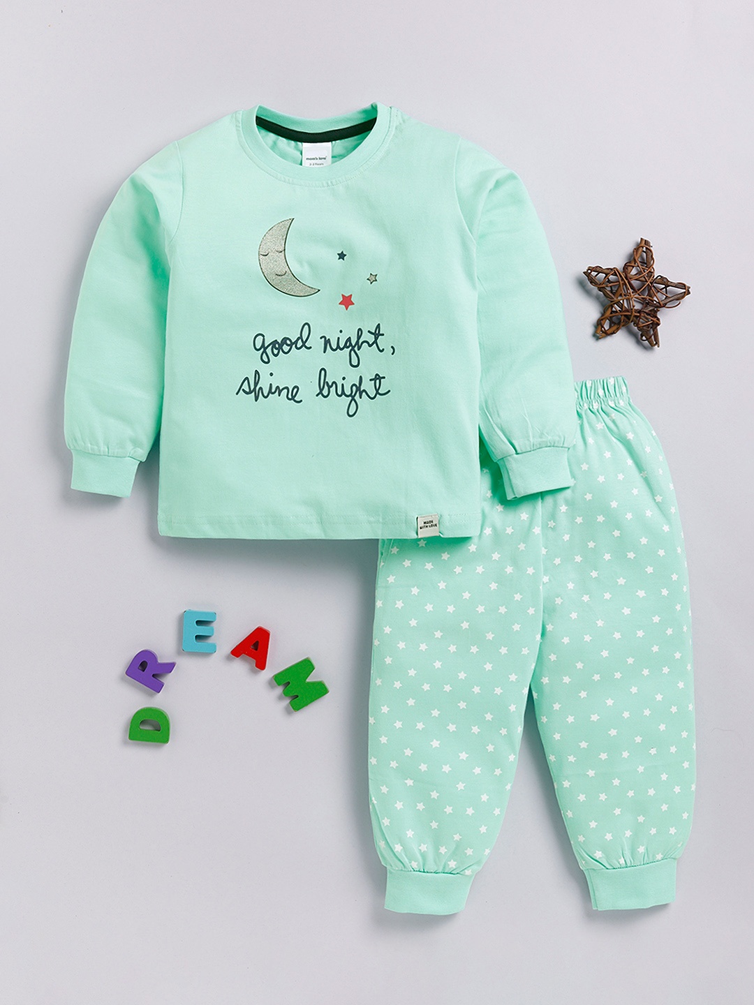 

Moms Love Girls Geometric Printed Pure Cotton Nightsuit, Sea green