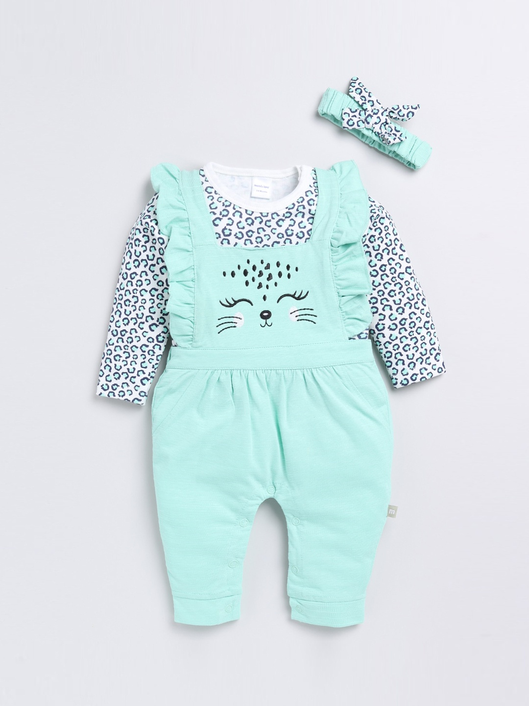 

Moms Love Girls Printed Cotton Dungaree With T-Shirt With Hairband, Green