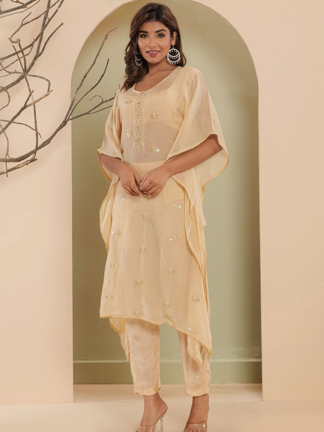 

HOUSE OF JAMOTI Floral Embroidered Organza Kaftan Kurta With Trousers, Tan
