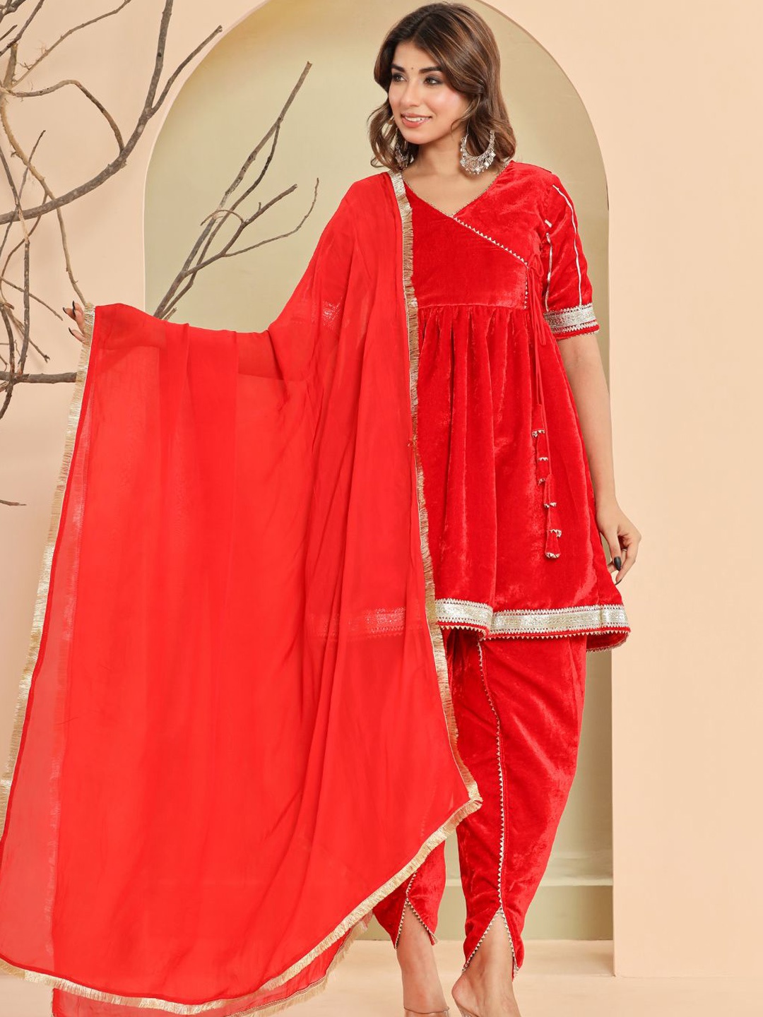 

HOUSE OF JAMOTI V-Neck Gotta Patti Angrakha Velvet Kurta With Dhoti Pants & Dupatta, Red