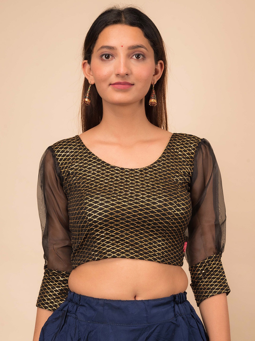 

Bindigasm's Advi Embellished Long Sleeve Stretchable Saree Blouse, Black