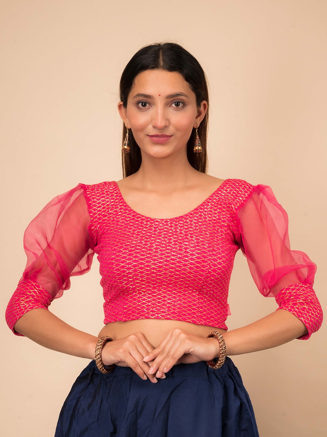 

Bindigasm's Advi Simi Gold Checked Embellished Jacquard Organza Stretchable Blouse, Pink