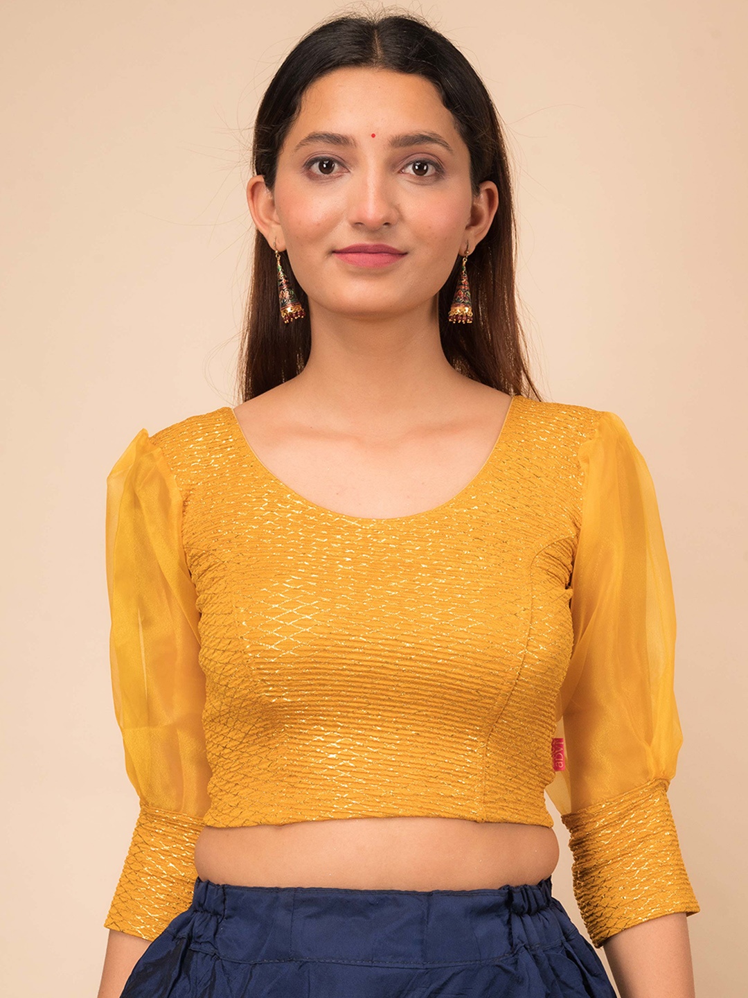 

Bindigasm's Advi Simi Gold Checked Embellished Jacquard Organza Stretchable Blouse, Mustard