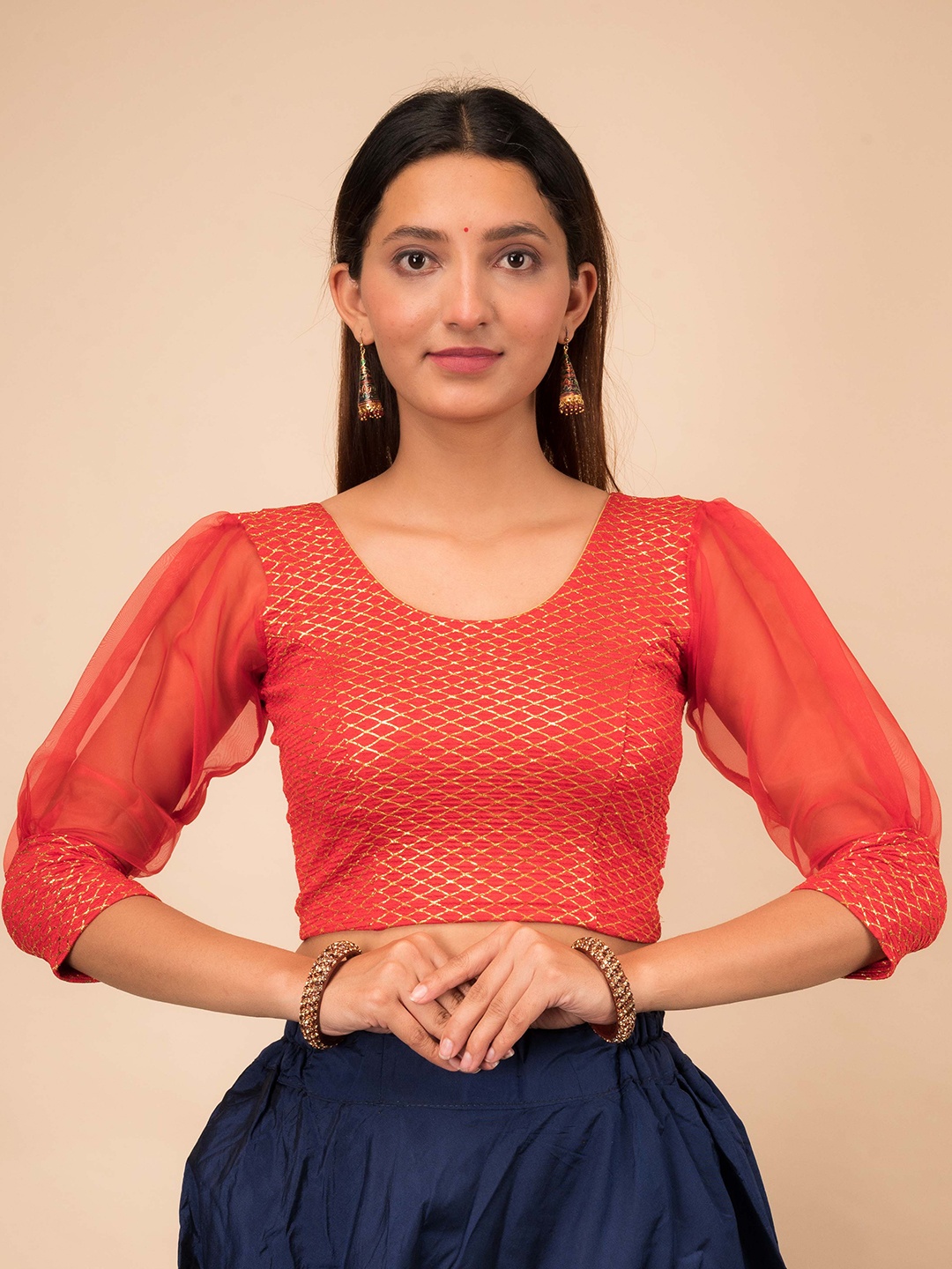 

Bindigasm's Advi Embellished Organza Sleeves Stretchable Saree Blouse, Red