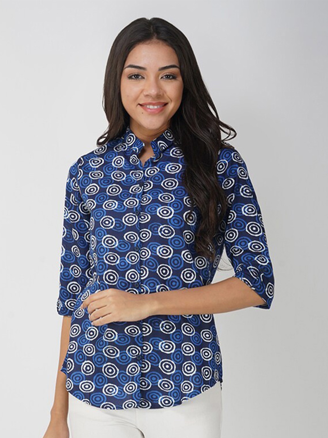 

Vastraa Fusion Geometric Printed Mandarin Collar Cotton Shirt Style Top, Blue