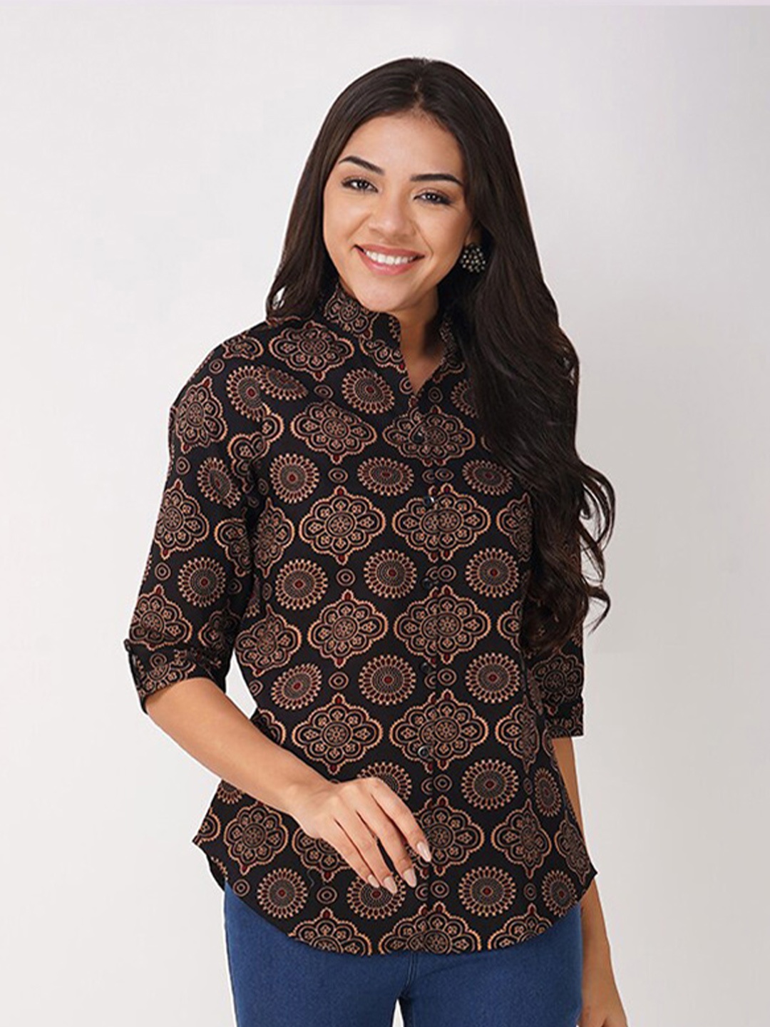 

Vastraa Fusion Ethnic Motifs Printed Mandarin Collar Cotton Shirt Style Top, Black