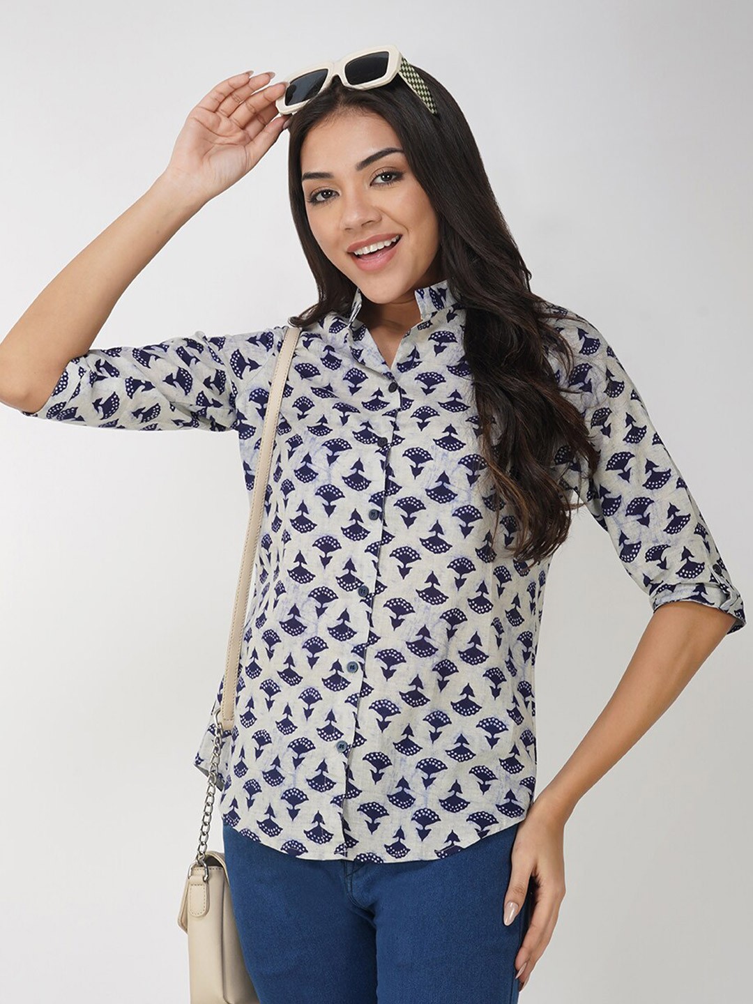 

Vastraa Fusion Ethnic Motifs Printed Mandarin Collar Cotton Shirt Style Top, Grey