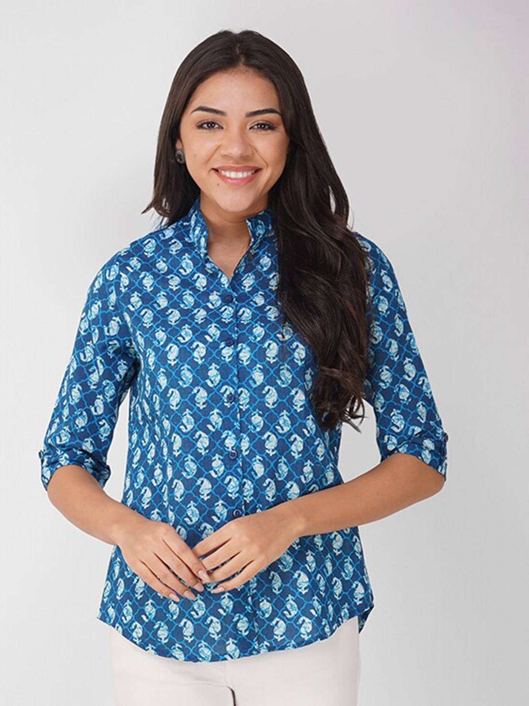 

Vastraa Fusion Ethnic Motifs Printed Mandarin Collar Cotton Shirt Style Top, Blue