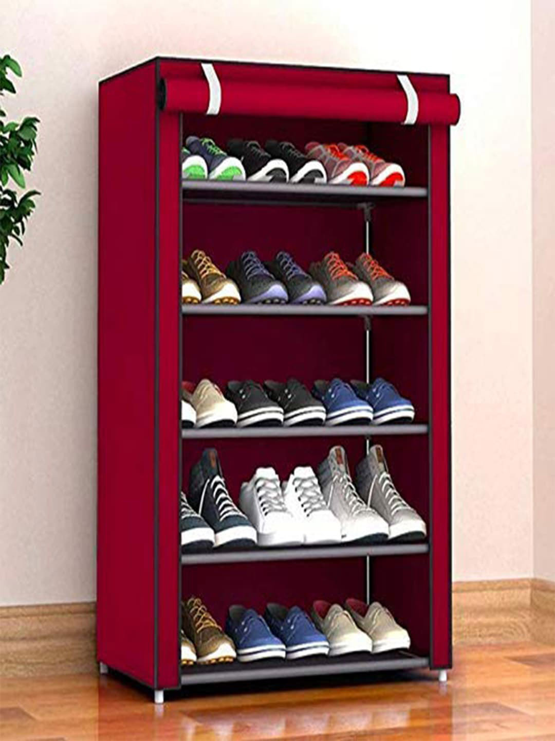 

Kuber Industries Maroon Foldable 5 Shelves Shoe Rack Organisers