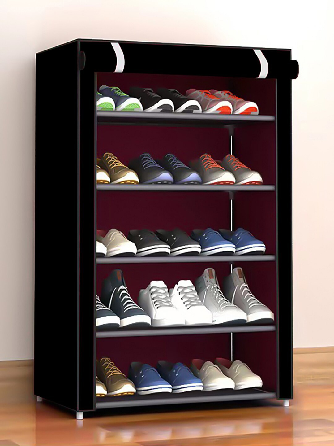 

Kuber Industries Black Non-Woven Foldable 5 Shelves Shoe Rack Organiser