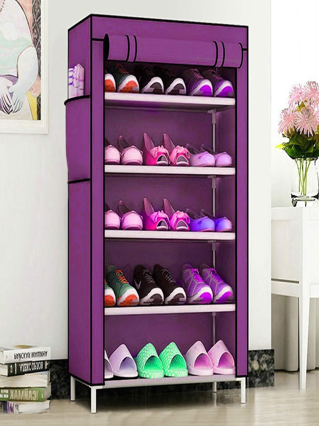 

Kuber Industries Purple Non-Woven Foldable 5 Shelves Shoe Rack Organiser