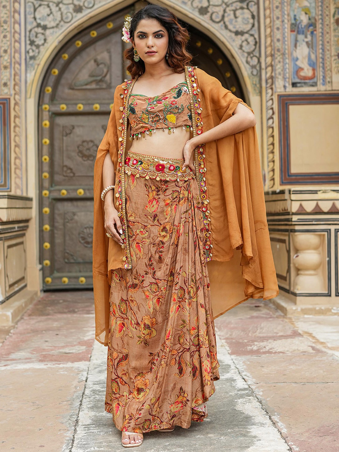 

SCAKHI Floral Sequinned Embroidered Crop Top & Skirt With Cape Pure Silk Ethnic Co-Ords, Brown