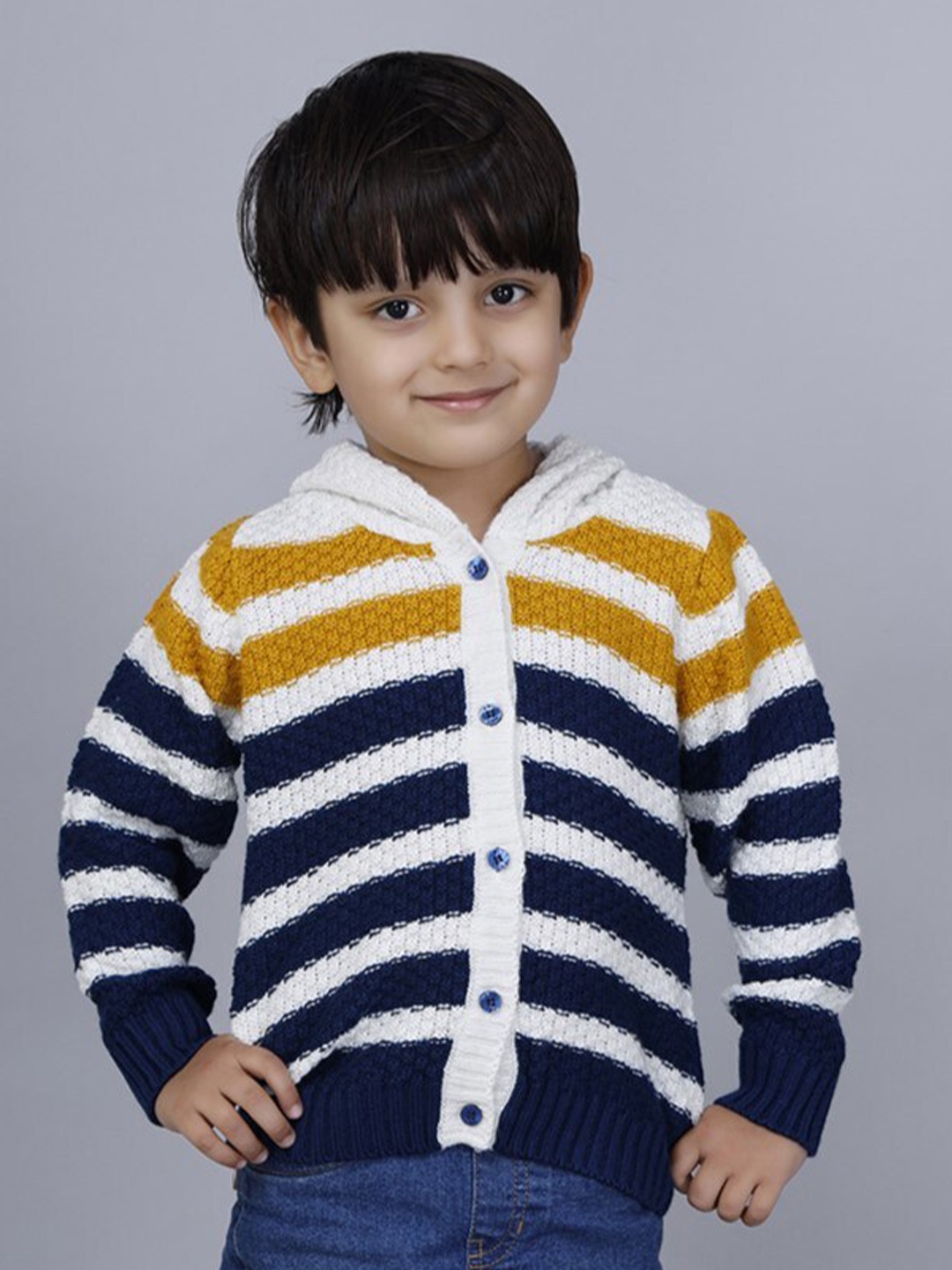 

JoE Hazel Boys Striped Hooded Acrylic Cardigan Sweater, White