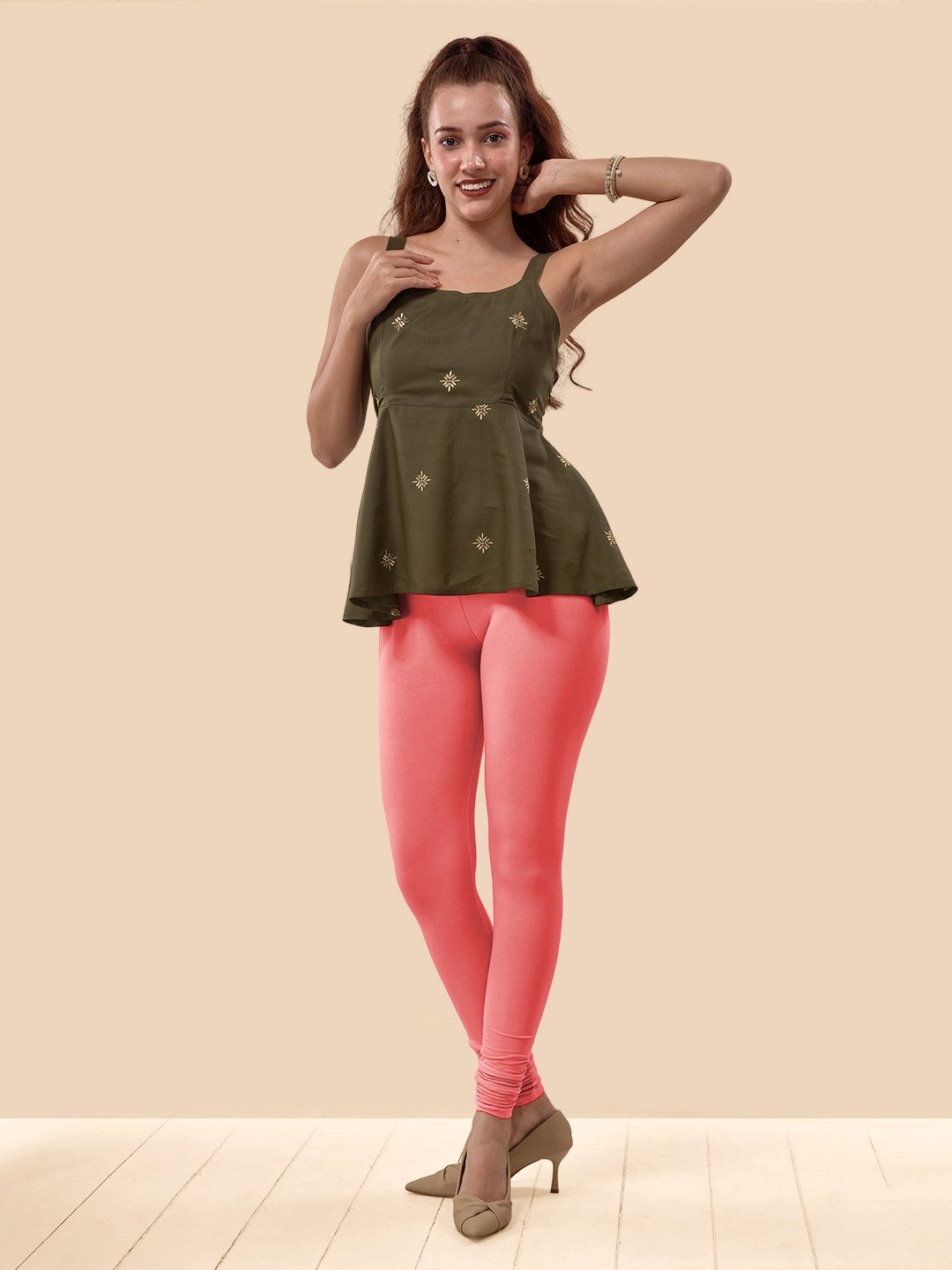 

LYRA Color Lock Technology Churidar Length Leggings, Peach