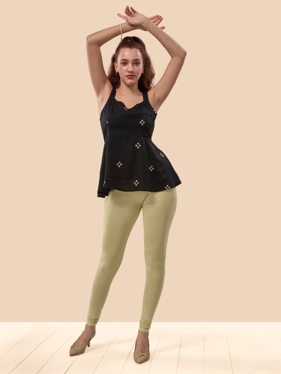 

LYRA Women 4-Way Stretch Churidar Length Leggings, Beige