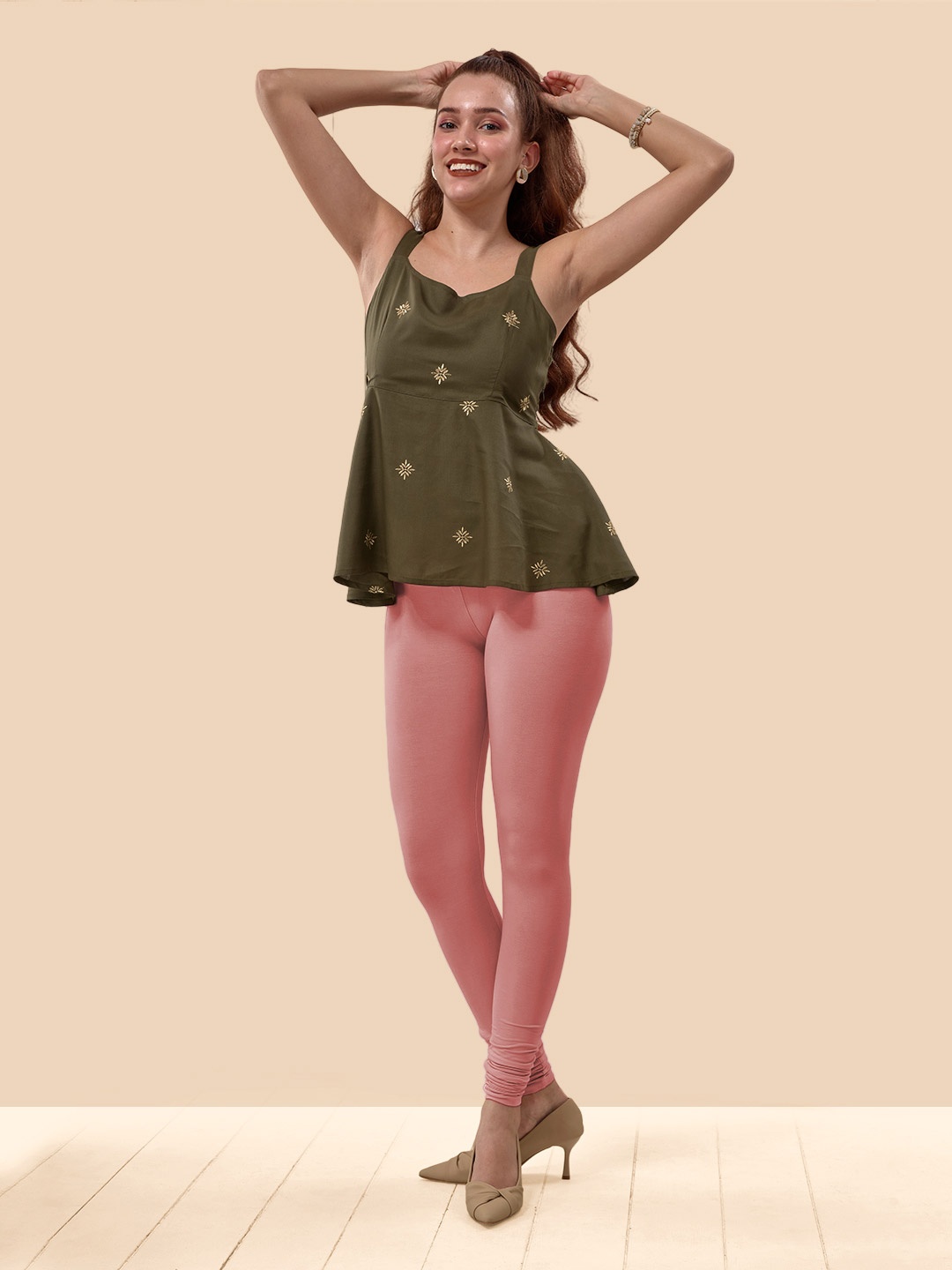 

LYRA Colour Lock Technology Churidar Length Leggings, Peach