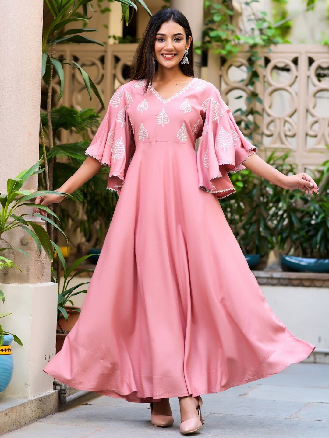 

Hatheli Floral Embroidered Flared Sleeves Gotta Patti Maxi Ethnic Dress, Pink