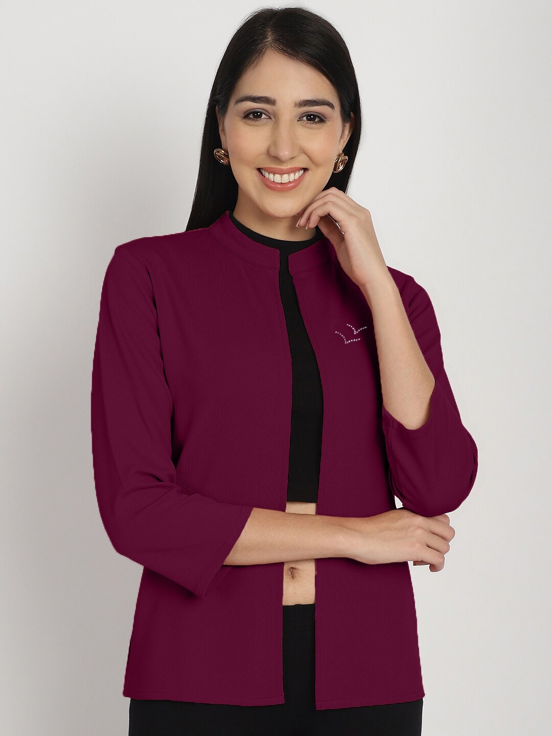 

urSense Mandarin Collar Open Front Shrug, Maroon